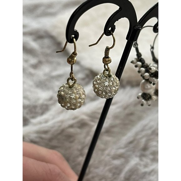 Black/White Beaded Hoop / White Rhinestone Round Dangle Earrings - 2 Pairs - Picture 8 of 12